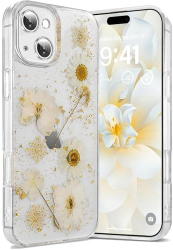 Riccase for iPhone 15 Case Clear with Real Dried Flower Patterns, Shockproof Transparent Soft TPU Protective Bumper Slim Glitter Cute Floral for iPhone 15 Phone Case,Daisy