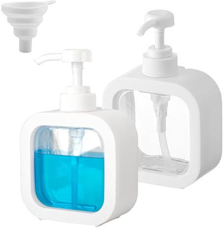 XoeLLe 2 Pièces Flacon Pompe Vide, 300ml Distributeur Savon, Distributeur Gel Douche, Plastique Distributeur Bain de Bouche, pour Savon Liquide, Lotion, Shampooing Douche, avec Entonnoir