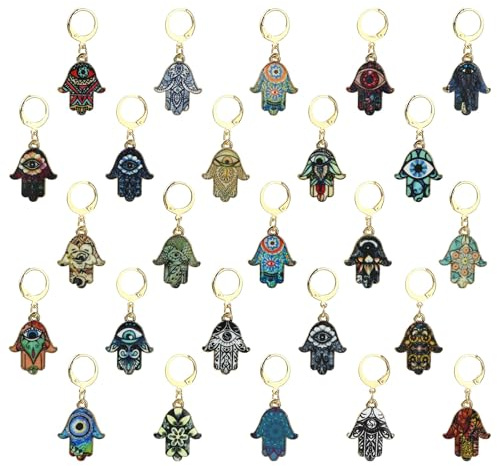 Stiesy 25 Stück Hamsa-Handmaschenmarkierer, Emaille-Hand mit bösen Blick-Anhängern mit Stricken, verstellbarer Häkelring, Häkelmarker, Haken zum Stricken, Schmuckherstellung, Weben, Nähen, Quilten,