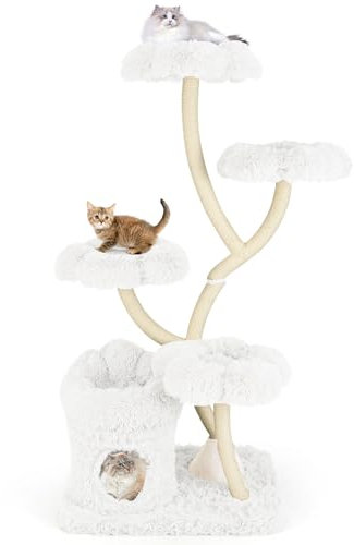GOPLUS Árbol para Gatos de 165 cm de Altura, Torre para Gatos con 4 Plataformas en Forma de Flor, 1 Cueva y 1 Cama, Mueble para Gatos con Rascador de Sisal, Centro de Actividades (Blanco)
