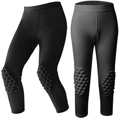 RenDiuJups Pantalones de compresión 3/4 for niños con Rodilleras y Protectores de talón, Mallas de Baloncesto, fútbol y fútbol.(Black,YM)