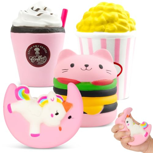 4 Stück Squishy Rosa Unicorn Spielzeug, Schönes Kawaii Soft Sinnesspielzeug Stressabbau Angstzustände Autismus Squishies Spielzeug für Mädchen Kinder und Erwachsene, Weihnachts Geburtstagsgeschenke