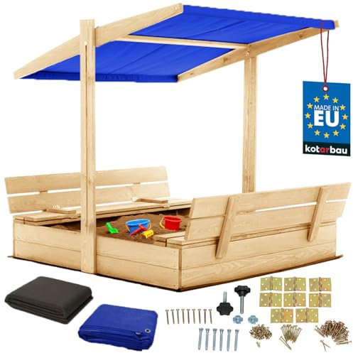 KOTARBAU® Sandkasten mit Abdeckung 120 x 120 cm Großer Naturfarbe Holzsandkasten mit Blau Dach Sandkasten mit Deckel Sandkasten mit Dach Gartenspielzeug Kinder imprägniert verschließbar mit Bänken