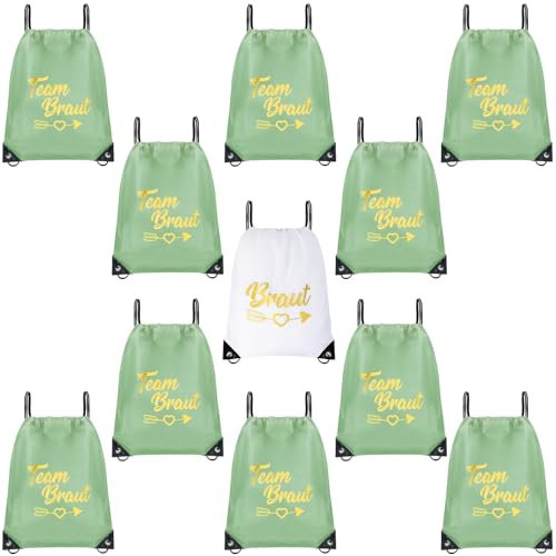 11 Stück Team Braut Turnbeutel Jga Frauen Junggesellenabschied Tasche Jga Turnbeutel Set Bride Rucksack für Verlobung JGA Hochzeit Weiß Grün