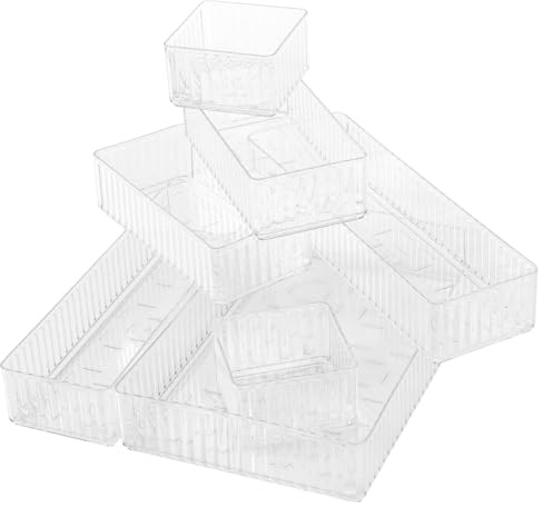 CHIHEUNG 14PCS Makeup Drawer Organiser, Clear Plastic Drawer Organisers Bins, 4 Size Stackable Storage Bins, Desk Organizer Trays for Makeup, Kitchen Utensils, Office Supplie