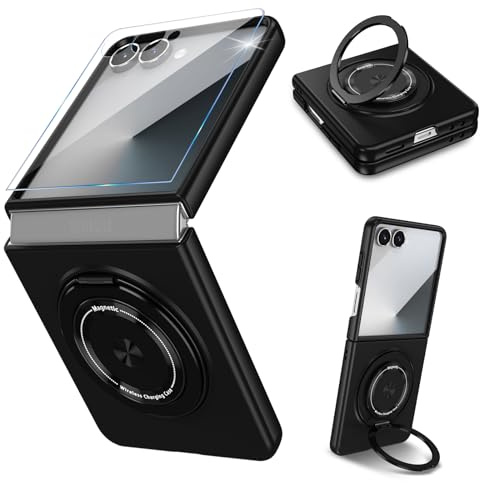 Handyhülle für Samsung Galaxy Z Flip 7 Hülle mit Schutzfolie, 360 Grad Magnetisch Metall Ring Ständer Matt PC Galaxy Z Flip 7 Handytasche Case Stoßfest Schutzhülle für Samsung Galaxy Z Flip7 (Schwarz)