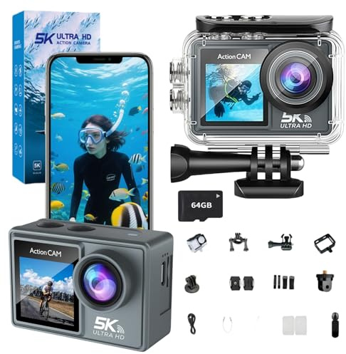 MEIION Puruxe Action Camera 5K + Speicherkarte 64 GB Kamera IPS WiFi – Wasserdicht mit IMX Sensor, 15 Zubehörteilen, 5K Auflösung, Dual Screen, USB Mikrofonanschluss, Fernbedienung, 4K 60 FPS, EIS