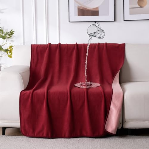 QIYI wasserdichte Decke für Bett Sofa Couch, 102x153cm, Burgunderrot/Rosa | Wendbare fleckenresistente Fleece-Kuscheldecke, auslaufsichere wasserdichte Hundedecke, waschbare Outdoor-Campingdecke