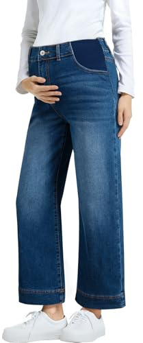 BLENCOT Maternity Jeans for Women High Waist Wide Leg Flare Stretch Pregnancy Denim Pants with Pockets Dark Blue L