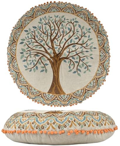 Bodenkissen Guansha, Baumwolle bestickt, Braun, Boho-Sitzkissen, 60 cm | Guansha zeigt das Motiv „Baum des Lebens“: Bestickte Baumwolle und recycelte Baumwollfüllung bieten eine weiche Sitzfläche.