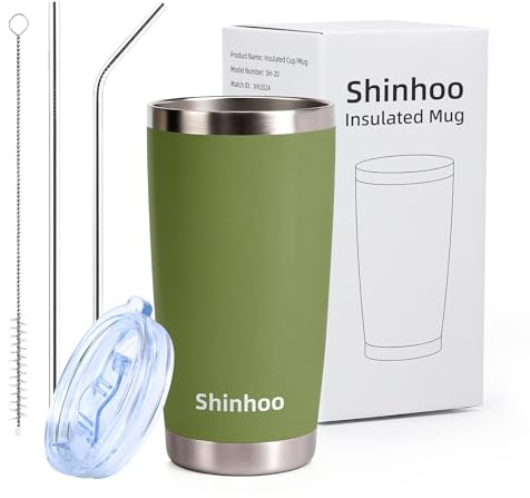 Shinhoo 20oz/ 550ml Insulated Travel Mug Reusable Coffee Cup Tumbler with Straw and Lid for Hot Cold Drinks (Navy Green)