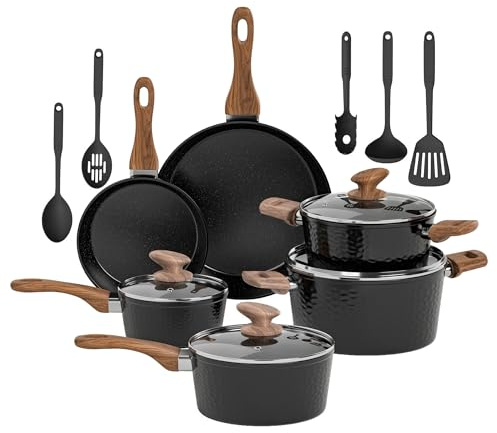 Kitchen Academy Non Stick Cookware, Pots Pans Sets with Lids 15PCS Black | Induction Hob Pan Set, Saucepan Set, Granite Cookware, Nonstick Frying Pan, Cooking Pot Pancake Sets Non Toxic for All Hobs