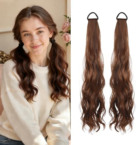 Echthaar Zopf 2 Stück Pferdeschwanz Haarteil Ponytail Extension Pferdeschwanz Extension Haarverlängerung für Täglichen Gebrauch und Spezielle Anlässe für Frauen Damen (Hellbraun)
