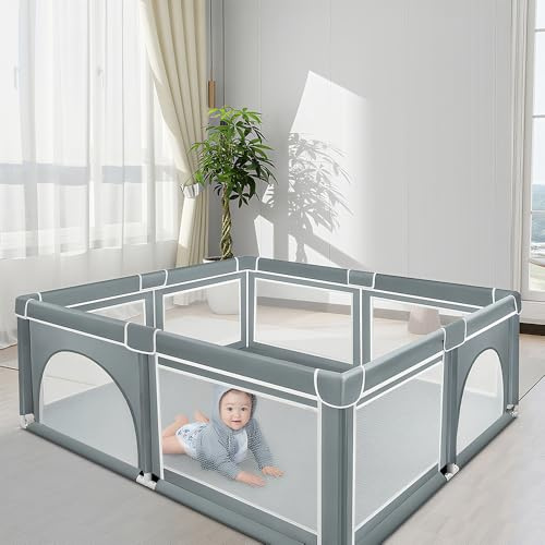 Laufstall Mit Rutschfester Basis Laufgitter für Babys, Aktivitätszentrum für Kinder Stabiler Schutzgitter für Kinder，Laufgitter klappbar180 × 150 × 66 cm – Dunkelgrau