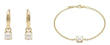 Suzan Gold® 375 Echtgold Schmuckset Damen Creolen Armband Perle elegant zeitlos wasserfest nickelfrei Geschenk Set Pearlina Drop hochwertig