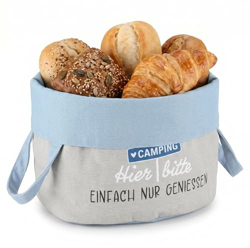CULT at home Brotkorb Stoff waschbar - Bread Basket Brotkörbchen modern – Camping Wohnwagen Zubehör – Oeko-Tex 100% Baumwolle faltbar – Grau Blau Ø 20 cm