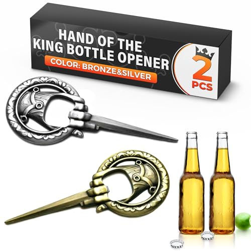 2-teiliges Hand of the King-Bierflaschenöffner-Set in Bronze- und Silberfarben, Taschengröße 11,7 x 4,8 cm, mit Geschenkverpackung, originelles Design für Fans, Sammler oder Zuhause und Bar
