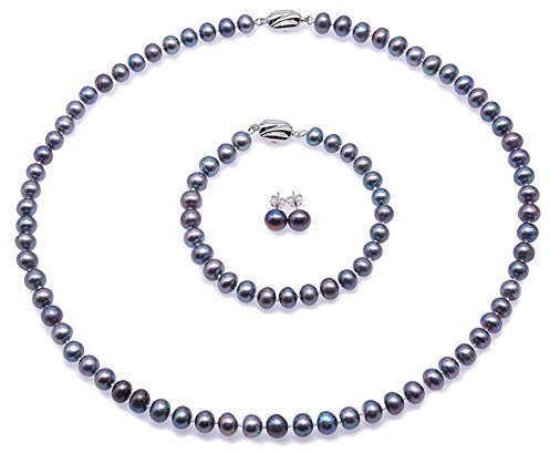 JYX Suesswasser Perlenkette peacock perle halskette Perlen Schmuckset Damen - Feine 7-8mm Grau Blau Süsswasser Perlenkette Lang, Armband, Ohrringe gesetzt18.5