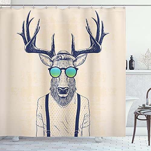 ABAKUHAUS Geweih Duschvorhang, Hipster Cool Fun Tier, Stoffliches Gewebe Badezimmerdekorationsset mit Haken, 175 x 220 cm, Beige Dunkelblau