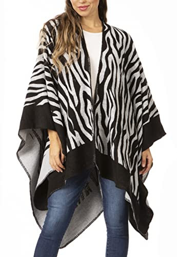 Sakkas 1928 - Lupe Womens Reversible Poncho Wrap Cape Schal Pullover Mantel Strickjacke Muster - Zebra Weiß - OS