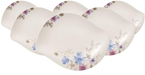 Villeroy & Boch Mariefleur Gris Lot de 6 bols plats pour service et salade, 34 x 26 cm, en porcelaine de qualité supérieure, blanc/multicolore
