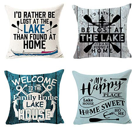 SOPARLLY 4er-Set „Welcome to The Family Home Lake House My Happy Place“, Lake House Home Sweet Home“-Kissen, Baumwoll-Leinen, dekorativer Kissenbezug für Zuhause, Büro, Sofakissen, 45,7 x 45,7 cm