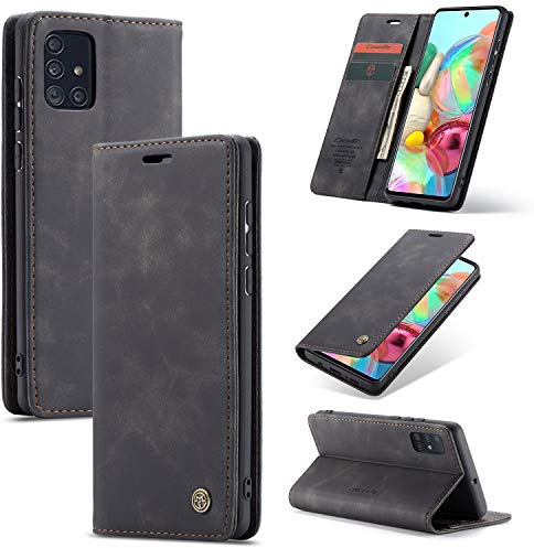 UEEBAI Wallet Case for Samsung Galaxy A71, Premium PU Leather Case Vintage Matte Wallet Flip Cover [Card Slots] [Magnetic Closure] Stand Function Folio Shockproof Full Protection - Black