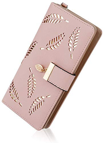 QH-Shop Lange Geldbörse Damen Leder Große Kapazität Geldbeutel mit Blatt Reißverschluss Brieftasche Kartenhalter Portemonnaie Mit Handyfach Rosa