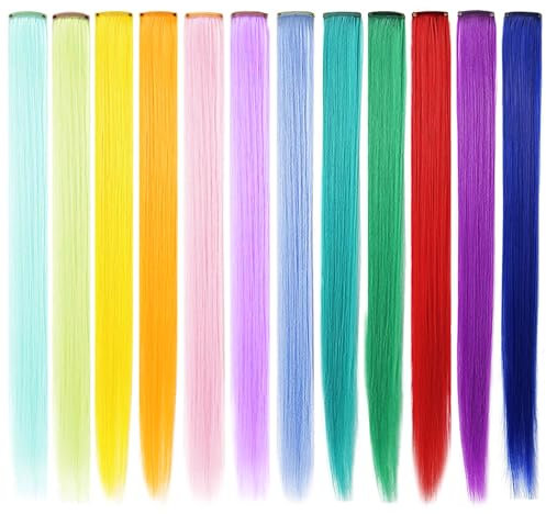 MOSCSMDY 12-Stücke Haarzubehör Clip in farbigen Haarverlängerungen Mehrfarbige Perücken Stücke für Erwachsene Bunte Party Highlights Synthetische gerade Haripieces (Regenbogen)