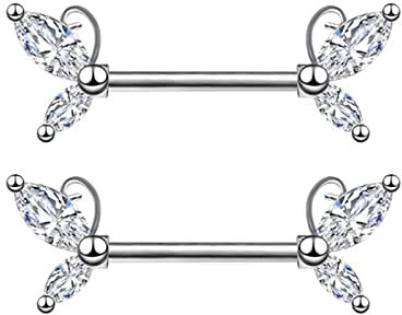 BODYA 2Pcs 1 Pair Stainless Steel Nipple Rings Nipple Nails with Cute Double Cubic Zirconia Butterfly Wing Bar Straight Barbell Body Piercing Jewelry for Women Girls