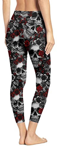 Rave on Friday Damen Capri Schädel Leggings Totenkopf Elastizität Yogahose Trainingshose Frau Skelett Muster Skinny Hosen M