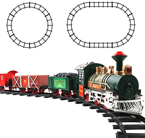 Weihnachtszug-Set, Weihnachtszug mit Licht und Sound, Weihnachts-Eisenbahn-Zugset mit Schienen und 4 Autos, Weihnachtsbaum Deko Weihnachtszug Geschenke für Kinder Jungen Mädchen
