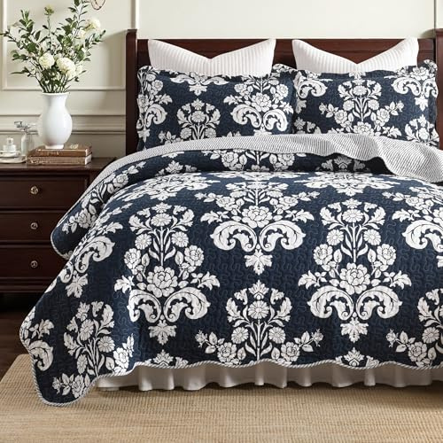 Set di biancheria da letto king size, 100% cotone, per letto king size, motivo floreale, estivo, leggero, reversibile, per tutte le stagioni, colore: blu navy e bianco, 3 pezzi