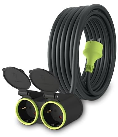 MutecPower 10m Cavo di prolunga con 2 prese Schuko per uso esterno IP44 H05RR-F3G 1,5mm² doppia prolunga con 2 prese con contatti di protezione cavo in gomma da esterno 10 metri nero/verde