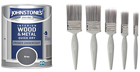 Johnstone's - Quick Dry Gloss Primer Undercoat - Grey - Water Based - 0.75 L & Harris 101011006 Essentials Walls & Ceilings Paint Brush, 1 x 0.5, 1 x 1, 1 x 1.5, 2 x 2, 5 Count (Pack of 1)