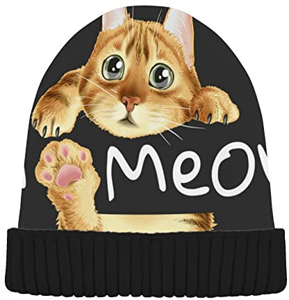 Niedliche Katze zum Aufhängen an Hi Meow Beanie-Mütze, Wintermütze, kaltes Wetter, Strickmütze, warme lässige Mütze für Damen und Herren, Mehrfarbig, 56