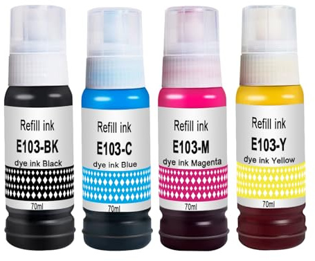 Molabel Lot de 4 Flacons Encre 103 Compatibles avec Epson EcoTank L1110 | Noir Cyan Jaune Magenta pour Epson L3100 L3101 L3110 L3111 L3150 L3151 L3160 L5190