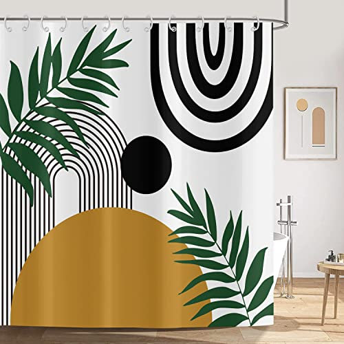 ASDCXZ Duschvorhang 180x200 cm Boho Style, Modern Abstrakt Kunst Sonne Grün Blätter Linie Bad Waschbar Duschvorhänge Polyester Textil Wasserdicht Duschvorhang für Badewanne mit 12 Haken
