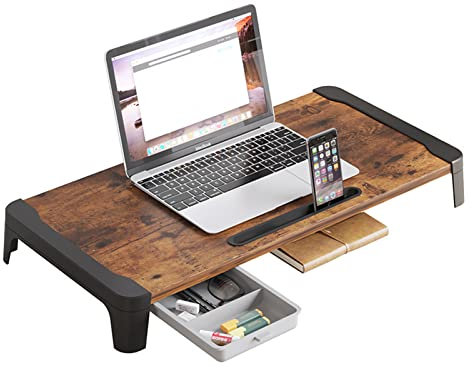 ZYFAB Universal Holz Monitorständer, Schreibtisch-Organizer mit Schublade Computer Monitor-Riser Desktop-Ständer für Computer Laptop PC iMac Drucker,Braun,60cm