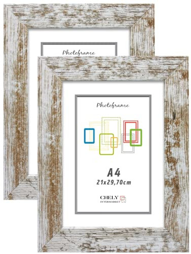 CHELY INTERMARKET | Bilderrahmen A4 (Vintage) MOD-204 Satz von 2 Stück Vintage-Stil | MDF-Holzrahmen für Home Decoration | Hochzeit Fotos | Landschaft Fotos