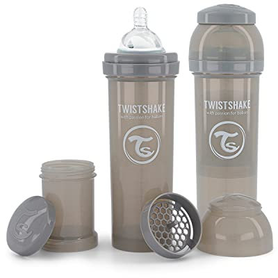 Twistshake 2x Anti-Kolik Babyflasche mit Milchpulverbehälter und Mixer - 330 ml | Brustähnliche Brustwarze aus Silikon mit schnellem Durchfluss | BPA-freie | Geeignet für Babys ab 4 Monaten | Grau