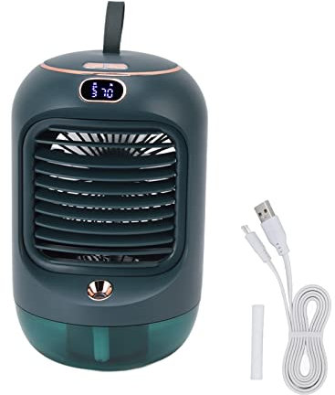 Acondicionador de Aire Portátil, Mini Acondicionador de Aire con Diseño de Correa para Colgar, 3 Engranajes 5 Palas con Carga USB, Humidificador de Aire con Cálida Luz Nocturna para el Hogar(Verde)