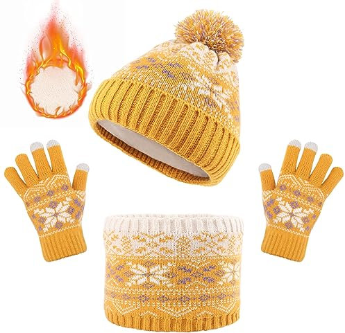 Kinder Wintermütze Schal Handschuhe Set, Warme Pompom Beanie Hut Runder Schal Nackenwärmer Touchscreen Handschuhe Set mit Fleece Gefüttert Streifen Schneemuster für Jungen Mädchen 5-12 (Gelb)