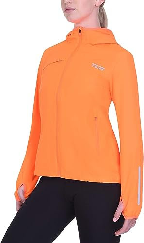 TCA Women's Running Softshell Jacket. Reflective Breathable Packable Jacket with Zip Pockets - Neon Orange, XS