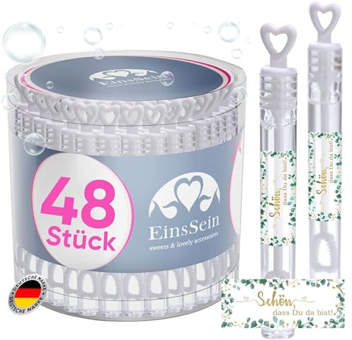 EinsSein 48 Seifenblasen Hochzeit Herzgläschen Schön, DASS Du da bist Gold-grün Set mit Aufkleber Set Weiss Gastgeschenke für die Hochzeit, Taufe - seifenblasen mit Freudentränen kombinieren - viele
