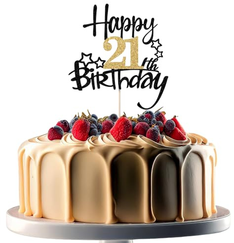 JEKUGOT 21st Birthday Cake Toppers, Black and Gold Glitter Cake Decorations, Happy 21st Birthday Cake Toppers for Boys and Girls Themed Party (1pcs)