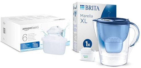 Amazon Basics Water Filter Cartridges, 6 Pack, fits and Compatible with All BRITA jugs & Amazon Basic Jugs & BRITA Marella XL Water Filter Jug Blue incl. 1x MAXTRA PRO All-in-1 Cartridge
