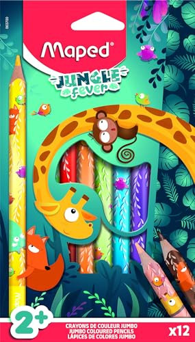 Maped - Wachsmalstifte JUNGLE FEVER JUMBO - für die Jüngsten entwickelt -ab dem 2. Lebensjahr - Box mit 12 Jumbo-Wachsmalstiften