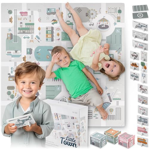 Nukido - Puzzle-Spielmatte - für Babys und Kinder - mit Straßen, Stadmotiv und Autofiguren - 105x105 cm - Eva-Schaumstoff - Krabbelmatte, Teppich, Boden - rutschfest, Faltbar - Bunt, Pastellfarben