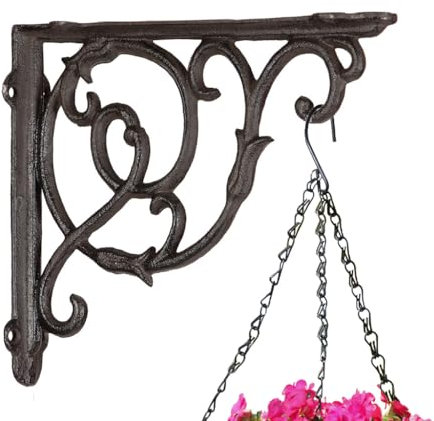 Hanging Basket Bracket Antique Brown Heavy Duty Outdoor Cast Iron Plant Hanger Hooks for Planters Ornate Scrolled Wall Mounted Vintage Style Garden Wall Fence Décor (Small)
